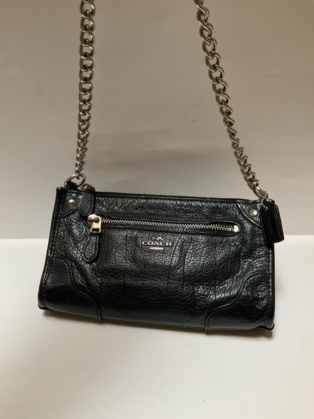 COACH Shoulder Bag Mickie Black pebbled Leather Crossbody w/ Silver Chain Strap - Picture 14 of 14